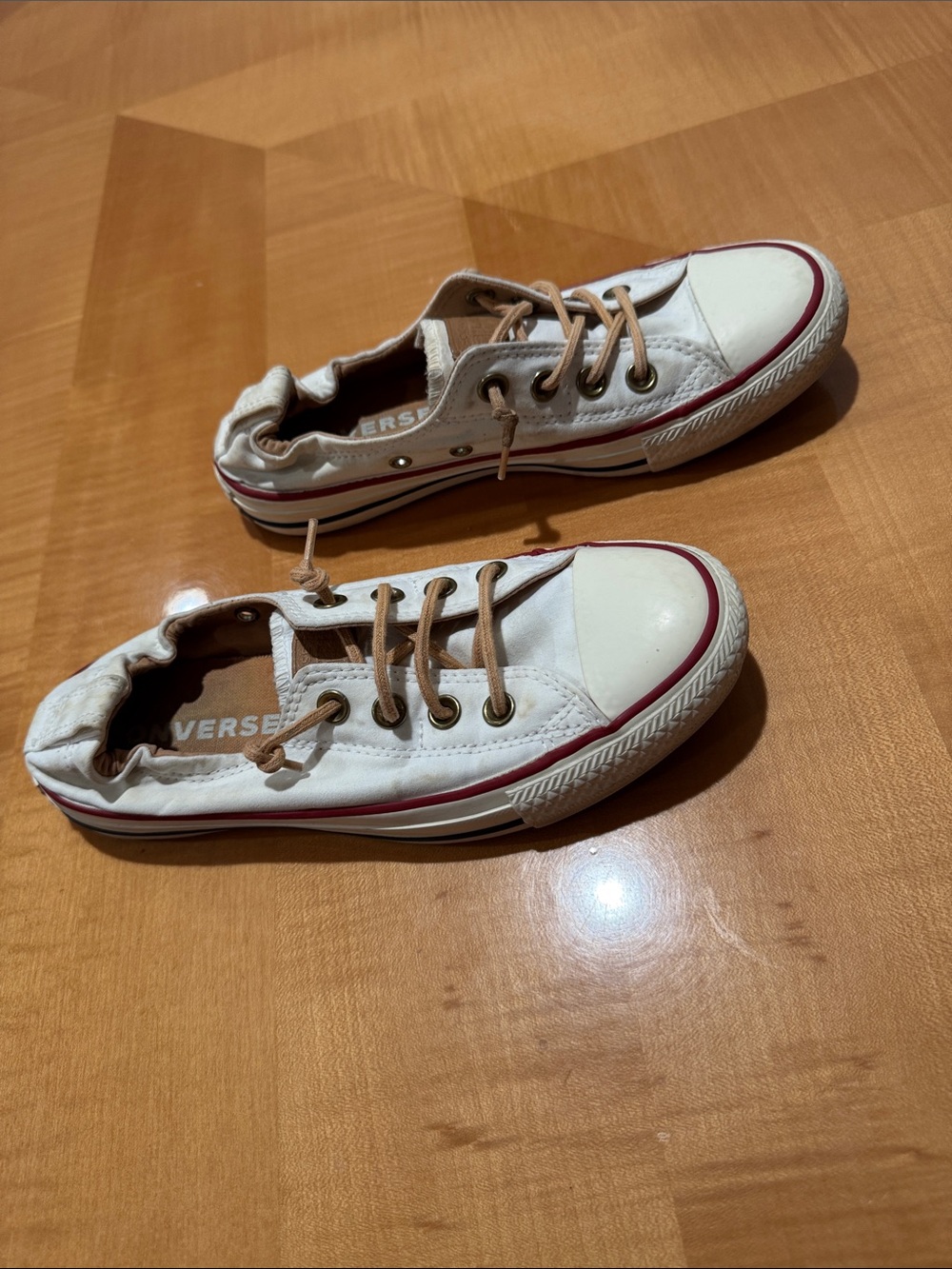 Converse White Low-Top Canvas Sneakers with Red Trim and Tan Laces size 7